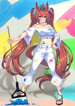 1girl :d absurdres alternate_costume animal_ears antenna_hair bare_shoulders black_sandals breasts brown_hair commentary_request daiwa_scarlet_(umamusume) full_body highres horse_ears horse_girl horse_tail kurokawa_heuy long_hair looking_at_viewer medium_breasts midriff navel off_shoulder open_mouth paint_on_body paint_on_clothes pants red_eyes sandals smile solo tail tiara toenails toes twintails umamusume very_long_hair white_pants