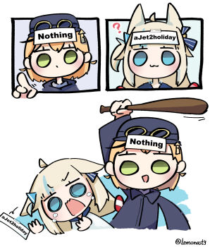 2girls :3 :d ? animal_ears arm_up artist_name baseball_bat blonde_hair blue_eyes blue_hat blue_streaks cat_ears closed_mouth commentary dooby dooby_(1st_costume) dot_mouth dress english_commentary english_text hat highres holding holding_baseball_bat indie_virtual_youtuber lemonasty lifebuoy_hair_ornament long_hair looking_at_another meme multicolored_hair multiple_girls nothing_beats_a_jet2_holiday_(meme) open_mouth sameko_saba short_hair sign smile streaked_hair tape twintails twitter_username upper_body very_long_hair virtual_youtuber white_dress