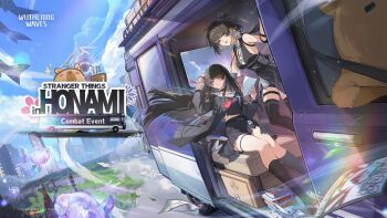 2girls absurdres bare_shoulders black_choker black_dress black_hair black_jacket black_serafuku black_shirt black_skirt black_socks blue_sky breasts chisa_(wuthering_waves) choker commentary cross-laced_clothes cross-laced_dress day dress elbow_pads english_commentary english_text female_rover_(wuthering_waves) hair_ribbon highres jacket loafers logo long_hair looking_at_viewer medium_breasts multiple_girls namipon_(wuthering_waves) neckerchief official_art outdoors parted_lips red_eyes red_neckerchief red_ribbon ribbon rover_(wuthering_waves) sailor_collar school_uniform serafuku shirt shoes sitting skirt sky sleeveless sleeveless_dress socks thigh_strap thighs white_sailor_collar wind wuthering_waves