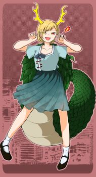 1girl absurdres antlers black_shoes blonde_hair blue_shirt dragon_girl dragon_horns dragon_tail full_body fur-tipped_tail green_scales green_tail highres horns kaisenpurin kicchou_yachie looking_at_viewer monster_girl open_mouth red_eyes scales shirt shoes short_hair skirt smile socks solo square_neckline standing tail touhou turtle_shell white_socks yellow_horns