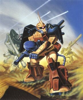 1980s_(style) bazooka_(gundam) beam_cannon cable cloud desert desert_zaku dom_(mobile_suit) dwadge dwadge_custom gun gundam gundam_zz machine_gun machinery mecha mecha_focus mobile_suit neo_zeon no_humans official_art oldschool one-eyed painting_(medium) radio_antenna realistic retro_artstyle robot ryukow_masseau sand scan scene_reference science_fiction shield traditional_media weapon