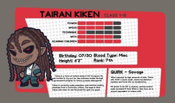 1boy black_sclera black_shoes boku_no_hero_academia brown_hair chibi colored_sclera commentary dark-skinned_male dark_skin dreadlocks english_commentary english_text green_pants grey_jacket jacket original pants pointy_ears red_eyes redringo188 school_uniform shirt shoes solo stats u.a._school_uniform white_shirt