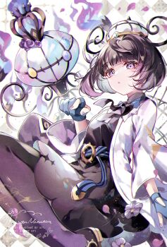 1girl belt black_dress black_hair blue_gloves blunt_bangs blush bob_cut breasts chandelier chandelure coat coco7 commentary_request dress fire flower gen_5_pokemon gloves gradient_hair gwynn_(pokemon) hat long_sleeves looking_at_viewer mega_chandelure mega_pokemon mega_stone mismatched_eyes multicolored_hair nintendo o-ring o-ring_belt open_clothes open_coat pantyhose parted_lips partially_fingerless_gloves pointing pointing_at_viewer pokemon pokemon_(creature) pokemon_legends:_z-a purple_eyes purple_fire purple_hair purple_nails purple_pantyhose shoes short_hair small_breasts white_coat yellow_eyes