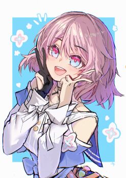 Rule 34 | 1girl, :d, absurdres, archery shooting glove, arto14, bare shoulders, black choker, black gloves, blue eyes, choker, commentary request, double v, earrings, gloves, hands up, highres, honkai: star rail, honkai (series), jacket, jewelry, long sleeves, looking at viewer, march 7th (honkai: star rail), multicolored eyes, open mouth, partially fingerless gloves, pink eyes, pink hair, shirt, simple background, single glove, smile, solo, tied jacket, two-tone eyes, v, white shirt