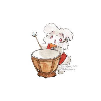 animal animal_focus berry_jou bow bowtie commentary_request drum highres instagram_username instrument mallet_(instrument) no_humans orange_bow orange_bowtie original rabbit red_vest simple_background timpani twitter_username vest white_background white_rabbit_(animal)