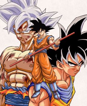 1990s_(style) 3boys abs arms_at_sides black_eyes black_hair blood blood_drip blood_from_mouth blood_on_face blue_boots bo_staff boots closed_mouth commentary_request derivative_work dougi dragon_ball dragon_ball_super dragonball_z frown full_body grey_eyes grey_hair highres holding holding_weapon leaning leaning_forward looking_at_viewer looking_to_the_side male_focus multiple_boys multiple_persona muscular muscular_male nagare_seiya nipples official_style pectorals retro_artstyle ruyi_jingu_bang scratches serious shaded_face shirt simple_background son_goku spiked_hair topless_male toriyama_akira_(style) torn_clothes torn_shirt ultra_instinct ultra_instinct_sign upper_body weapon white_background wristband