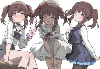 Rule 34 | 1girl, absurdres, black pantyhose, brown hair, choker, dress, gakuen idolmaster, gyaru, hair ornament, hair scrunchie, hatsuboshi gakuen school uniform, highres, idolmaster, idolmaster cinderella girls, jia wenyuan, looking at viewer, multiple views, ogata chieri, pantyhose, school uniform, scrunchie, serafuku, smile, twintails, white background, wrist scrunchie