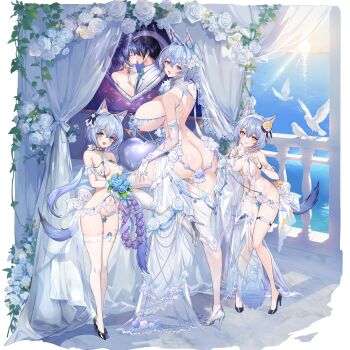 +_+ 3girls :3 anal_beads animal_ears ass bed bird breasts bridal_lingerie butt_crack convenient_censoring dog_ears dog_girl dog_tail dress elbow_gloves gloves green_eyes heart_cushion high_heels highres huge_breasts lingerie medium_breasts multiple_girls navel open_mouth photo_(object) q_azieru red_eyes remote_control_vibrator revealing_clothes see-through_clothes see-through_dress sex_toy star_lusts tail thigh_strap thighhighs underwear vibrator vibrator_in_thighhighs wedding_dress white_gloves white_thighhighs yellow_eyes