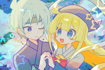 Rule 34 | 1boy, 1girl, absurdres, blonde hair, blue eyes, blush stickers, closed mouth, commentary, greyscale, hair between eyes, headband, highres, korean commentary, long hair, long sleeves, looking at another, monochrome, offbeat, one eye closed, puyopuyo, schezo wegey, short hair, smile, witch (puyopuyo)