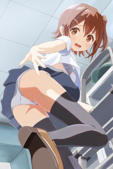1girl absurdres ass black_thighhighs bra breasts brown_eyes brown_hair brown_shoes ceiling commentary_request crotch_seam double-parted_bangs embarrassed foot_out_of_frame foot_up from_below grey_bra grey_panties grey_skirt hair_ornament hairpin highres idolmaster idolmaster_million_live! idolmaster_million_live!_theater_days indoors kasuga_mirai ladder long_bangs looking_at_viewer looking_down medium_breasts miniskirt miuoisi on_ladder one_side_up open_mouth panties raised_inner_eyebrows school_uniform shirt shoes short_hair short_sleeves skirt solo thighhighs tile_ceiling tiles underwear upshirt upskirt white_shirt