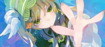 Rule 34 | 1girl, arm up, blonde hair, blue background, bonnet, capelet, chishibuki hiyoko, closed mouth, commentary request, fingernails, flower, from above, green bonnet, green capelet, green eyes, hair flower, hair ornament, highres, lolita fashion, long hair, looking at viewer, looking up, mahou shoujo no majo saiban, sharp fingernails, solo, tono hanna, twintails, upper body