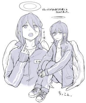 Rule 34 | 1boy, angel, angel devil (chainsaw man), angel wings, chainsaw man, closed mouth, commentary request, cropped torso, hair between eyes, halo, highres, jacket, knees up, long hair, male focus, multiple views, no nose, open clothes, open jacket, open mouth, partially unzipped, rigeshita, simple background, sitting, track suit, translation request, undershirt, unzipped, upper body, white background, wings