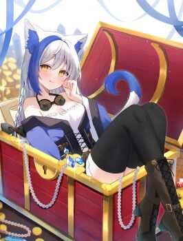 1girl :q animal_ears aomiya_yozuri bare_shoulders black_thighhighs blue_gemstone blue_hair boots braid breasts brown_boots cat_ears cat_girl cat_tail coat coin dress gem goggles goggles_around_neck gold_coin hamico highres in_container indie_virtual_youtuber jewelry long_hair long_sleeves looking_at_viewer lying medium_breasts multicolored_hair necklace on_back paper pearl_necklace red_gemstone short_dress side_braid strapless strapless_dress tail thighhighs tongue tongue_out treasure treasure_chest two-tone_hair virtual_youtuber white_dress white_hair wide_sleeves yellow_eyes
