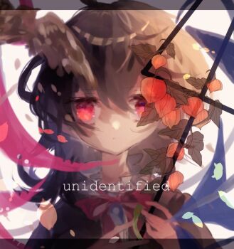 1girl asymmetrical_wings blue_wings bow bowtie brown_hair chinese_lantern_(plant) closed_mouth commentary_request expressionless holding holding_polearm holding_weapon houjuu_nue looking_at_viewer medium_hair one-hour_drawing_challenge polearm portrait red_bow red_bowtie red_eyes red_wings shinjitsu_no_kuchi solo touhou trident weapon white_background wings