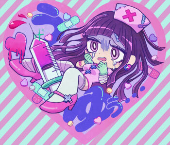 Rule 34 | 1girl, aqua gloves, bandaged leg, bandages, bandaid, blood, chibi, chibi only, danganronpa (series), danganronpa 2: goodbye despair, earrings, gloves, hat, heart, heart earrings, jewelry, lace trim, needle, nurse, nurse cap, pill, pink blood, pink shoes, purple eyes, purple hair, shaded face, shoes, thighhighs, tsumiki mikan, uru uruku, white thighhighs
