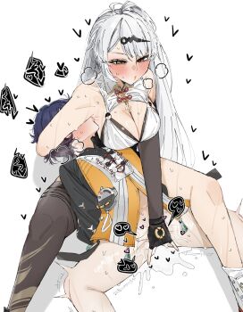 2girls assertive_female belle_(delicate_sunlight)_(zenless_zone_zero) belle_(zenless_zone_zero) black_gloves black_thighhighs blue_hair blush breasts carrot_011 chinese_clothes cleavage commentary commission dress dress_over_shirt face_in_armpit fingering fingerless_gloves gloves grey_hair highres large_breasts long_hair multiple_girls official_alternate_costume orange_dress pussy_juice pussy_juice_puddle reach-around short_hair single_thighhigh sitting spread_legs thighhighs very_long_hair yellow_eyes yin_yang_pin yixuan_(zenless_zone_zero) yuri zenless_zone_zero