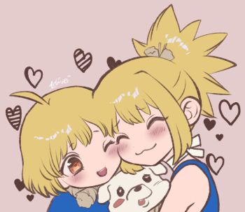 2girls :3 aged_down ahoge animal blonde_hair blush cheek-to-cheek child choker closed_eyes closed_mouth dog dr._stone hair_ornament happy heads_together heart hug kohaku_(dr._stone) multiple_girls ninomae_gin one_eye_closed open_mouth pink_background ponytail short_hair siblings sisters smile suika_(dr.stone)