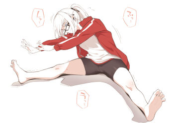 1girl asutora asutora-chan barefoot bike_shorts black-framed_eyewear blue_eyes exercising foreshortening glasses jacket long_sleeves open_clothes open_jacket original ponytail red_jacket shirt shoes simple_background sitting soles solo spread_toes toes white_background white_hair white_shirt