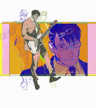 1boy beard_stubble black_hair black_shoes brown_suit collared_shirt facial_hair formal_clothes from_side glasses green_necktie guitar holding holding_guitar holding_instrument instrument looking_at_viewer male_focus mature_male necktie old old_man original parted_hair patterned_background redsakaone shirt shoes short_hair simple_background solo stubble suit white_background white_shirt