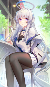 1girl absurdres black_pantyhose blue_archive blunt_bangs blurry blush breasts building chair chinese_commentary collared_shirt commentary_request cup depth_of_field drinking_glass drinking_straw halo hand_on_own_chest hand_up headgear highres ice ice_cube jacket juice long_hair long_sleeves looking_at_viewer mechanical_halo noa_(blue_archive) off_shoulder on_chair open_mouth outdoors pantyhose pleated_skirt purple_eyes q18607 shirt short_shorts shorts sidelocks sitting skirt solo table thighs tree two-sided_fabric two-sided_jacket very_long_hair white_hair white_halo white_jacket white_shirt white_skirt wing_collar