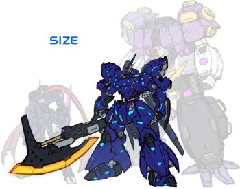 absurdres arm_mounted_weapon axe char&#039;s_counterattack devil_gundam english_text full_body g_gundam gn-x gundam gundam_00 gundam_build_divers gundam_build_divers_re:rise highres holding holding_axe holding_weapon hololive mecha mecha_focus mobile_suit one-eyed photo_inset pinguinkotak redesign reference_sheet robot sazabi science_fiction size_comparison standing weapon white_background