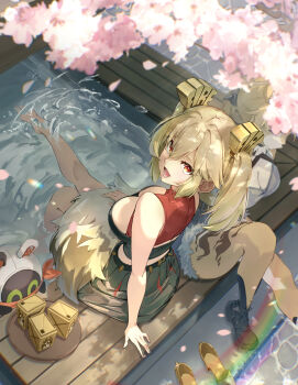 2girls absurdres animal_ears ashiyu bangboo_(zenless_zone_zero) black_boots black_tube_top blonde_hair blue_shorts boots breasts burnice_white cat_ears cat_girl cat_tail cherry_blossoms cleavage eous_(zenless_zone_zero) furry furry_female green_skirt highres long_hair looking_at_viewer medium_breasts multiple_girls open_mouth ponytail pulchra_fellini red_eyes riria_kaiga shorts skirt smile strapless tail tube_top two_side_up yellow_fur zenless_zone_zero