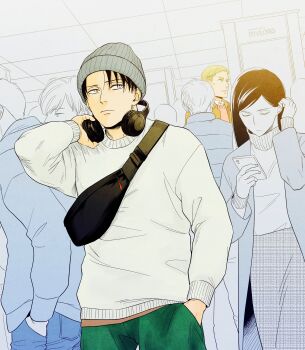 2boys alternate_costume alternate_universe arms_up beanie black_bag black_hair blonde_hair brown_jacket closed_mouth coat commentary_request cowboy_shot erwin_smith fanny_pack green_pants hand_in_pocket hat headphones headphones_around_neck highres holding holding_phone ikichi8tkjn jacket levi_(shingeki_no_kyojin) long_sleeves looking_to_the_side male_focus multiple_boys pants people phone shingeki_no_kyojin sideways_glance standing sweater vest white_sweater