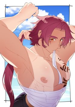 10s 1boy holding holding_own_hair long_sideburns male_focus midriff_sarashi mouth_hold nipples noboru_25 orange_eyes personification red_hair sarashi siddham sideburns solo tan tanline tattoo tonbokiri_(touken_ranbu) topless_male touken_ranbu