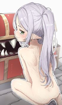 1girl aged_down back closed_mouth commentary completely_nude earrings elf frieren full_body grey_hair highres jewelry loli looking_at_viewer looking_back mimic mimic_chest nude outline pointy_ears sharp_teeth shintikku sitting smile smug solo sousou_no_frieren teardrop_earrings teeth twintails white_outline
