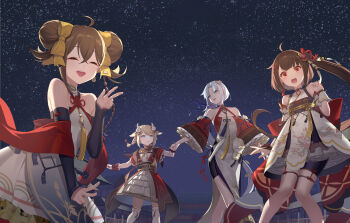 4girls absurdres bilibili blush braid brown_hair chinese_clothes chinese_new_year doge dress frostcyco hanfu hanser_(vtuber) highres holding_hands indie_virtual_youtuber kano_(utaite) long_hair low_ponytail multiple_girls night night_sky nijisanji pelvic_curtain ponytail qixiong_ruqun red_shawl shawl sky smile star_(sky) starry_sky tagme virtual_youtuber virtuareal white_hair yousa zuya_naxi