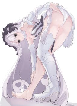 Rule 34 | 1girl, absurdres, ass, bare shoulders, bent over, black bow, black eyes, blush, bow, braid, breasts, collar, colored inner hair, commentary request, detached sleeves, dress, fate/strange fake, fate (series), francesca prelati (fate), frilled collar, frills, garter straps, grey hair, hair bow, highres, long hair, looking at viewer, medium breasts, multicolored hair, panties, ringed eyes, shoes, sidelocks, single bare foot, skull print, solo, striped clothes, striped dress, thighhighs, underwear, very long hair, white dress, white hair, white panties, white shoes, white thighhighs, zasyuu 11
