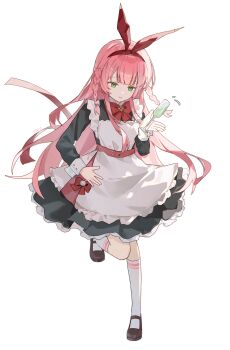 Rule 34 | 1girl, :d, absurdres, animal ear hairband, animal ears, apron, arcaea, black dress, black shoes, blunt bangs, bow, bowtie, chinese commentary, commentary, cup, dress, drinking glass, fake animal ears, frilled apron, frilled dress, frills, full body, green eyes, hairband, highres, holding, holding cup, kneehighs, kou (arcaea), long hair, long sleeves, maid, open mouth, otarc, pink hair, rabbit ear hairband, rabbit ears, red bow, red bowtie, red hairband, shoes, simple background, smile, socks, solo, standing, standing on one leg, striped clothes, striped socks, white apron, white background, white socks, wine glass