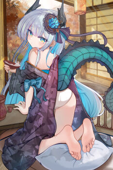 1girl :/ absurdres alcohol arm_support autumn_leaves back banbanban_li bare_shoulders barefoot black_horns black_kimono black_ribbon blue_bow blue_flower blue_hair blue_rose blue_tail blunt_ends bow center-flap_bangs chabudai chinese_commentary choko_(cup) closed_mouth colored_inner_hair commentary_request commission cup cushion day dragon_girl dragon_horns dragon_tail expressionless fascinator feet flower from_behind full_body gradient_clothes gradient_kimono hat hat_flower highres holding holding_cup horns indoors japanese_clothes kimono kneeling lace-trimmed_headwear lace_trim leaf liber_(twinkle_star_knights) lifted_by_tail light_blush long_hair long_sleeves looking_at_viewer looking_back median_furrow multicolored_eyes multicolored_hair off_shoulder on_cushion open_door panties partial_commentary patterned_clothing print_kimono ribbon rose sakazuki sake shouji sidelocks sleeve_bow sleeve_pushed_up sliding_doors slit_pupils soles solo straight_hair table tail toes tree twinkle_star_knights two-tone_hair underwear unmoving_pattern very_long_hair washitsu white_hair white_panties wide_sleeves yellow_eyes