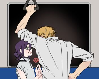 1boy 1girl aze_chainsawman black_choker blonde_hair chainsaw_man choker collared_shirt couple denji_(chainsaw_man) flat_chest flower gerbera green_eyes hair_between_eyes hair_bun hetero holding holding_flower light_blush medium_hair open_mouth purple_hair red_flower reze_(chainsaw_man) shirt short_hair short_sleeves sleeves_rolled_up smile train_interior updo upper_body white_shirt