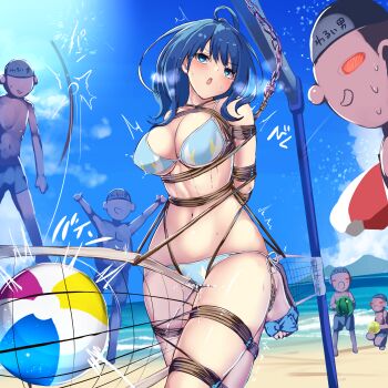 1girl 5boys ^^^ ahoge arms_behind_back ball bdsm beach beachball between_legs bikini blue_bikini blue_eyes blue_hair blush bondage bound bound_arms bound_legs breasts closed_mouth commentary_request crotch_rope faceless faceless_male female_ejaculation_through_clothes highres large_breasts make_heroine_ga_oo_sugiru! medium_hair monikano multiple_boys navel open_mouth outdoors public_indecency restrained sandals shibari side-tie_bikini_bottom solo_focus string_bikini swimsuit tears volleyball_(object) volleyball_net yanami_anna