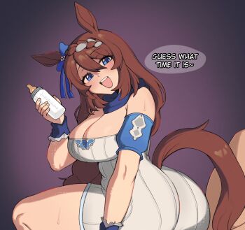 1girl animal_ears ass baby_bottle bare_shoulders blue_scarf blush bottle braid braided_bangs breasts brown_hair brown_tail cleavage dress hair_between_eyes highres holding holding_bottle horse_ears horse_girl horse_tail large_breasts long_hair looking_at_viewer oniyanna open_mouth scarf simple_background smile solo super_creek_(murmuring_stream)_(umamusume) super_creek_(umamusume) sweat tail thighs umamusume white_dress