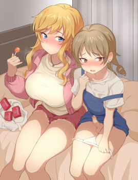 1futa 1girl bag bed blonde_hair blue_dress blue_eyes blush breasts brown_eyes candy censored chupa_chups closed_mouth clothes_lift commentary_request condom_box curtains cutoffs dress dress_lift drill_hair earrings embarrassed erection feet_out_of_frame fingernails food foreskin futa_with_female futanari genmon hand_up heart heart_necklace holding holding_candy holding_food holding_lollipop idolmaster idolmaster_cinderella_girls indoors jacket jewelry knees_together_feet_apart large_breasts light_brown_hair lollipop long_fingernails long_hair long_sleeves looking_at_another looking_away looking_to_the_side morikubo_nono mosaic_censoring nail_polish necklace nose_blush ohtsuki_yui okamoto_condoms on_bed open_bag open_clothes open_jacket open_mouth panties panty_pull pendant penis pillow pinafore_dress pink_jacket plastic_bag precum pulling_own_clothes raised_eyebrows red_nails red_shorts shirt shopping_bag short_shorts short_sleeves shorts side-by-side sidelocks sideways_glance sitting sleeveless sleeveless_dress small_penis strap_slip stud_earrings sweatdrop swept_bangs tearing_up testicles underwear wavy_mouth white_panties white_shirt