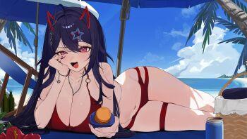 1girl absurdres akuma_nihmune beach bikini black_hair blue_sky cloud commentary d4kou16 demon_girl demon_horns english_commentary hair_ornament highres horns indie_virtual_youtuber looking_at_viewer mole mole_under_eye outdoors red_bikini red_eyes sand second-party_source sky solo star_(symbol) star_hair_ornament swimsuit virtual_youtuber water