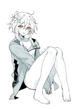 1girl barefoot blush breasts cleavage collarbone commentary eyelashes flower full_body genshin_impact hair_between_eyes hair_flower hair_ornament highres jacket knees_together_feet_apart knees_up long_hair looking_at_viewer lumine_(genshin_impact) own_hands_together parted_lips partially_colored sidelocks sitting smile solo toes twitter_username unholymilk white_background yellow_eyes