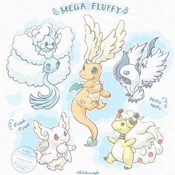 absol altaria ampharos animal_focus audino beak bird claws closed_mouth dragon dragonite feathered_wings feathers fluffy full_body gen_1_pokemon gen_2_pokemon gen_3_pokemon gen_5_pokemon green_eyes hair_over_one_eye head_wings highres horns mega_absol mega_altaria mega_ampharos mega_audino mega_dragonite mega_pokemon nintendo no_humans one_eye_covered pokemon pokemon_(creature) pokemon_focus red_eyes sasabunecafe single_horn smile tail white_feathers white_fur white_hair white_wings wings
