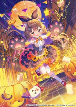 1girl :d animal_ear_fluff animal_ears animal_hands bow brown_hair cat_ears cat_tail center_frills character_request copyright_request frills full_moon gloves hair_ornament hairclip halloween highres ikari_(aor3507) jack-o&#039;-lantern long_hair looking_at_viewer moon night open_mouth outdoors paw_gloves pennant shoes sleeveless smile socks solo standing standing_on_one_leg string_of_flags tail twintails white_socks