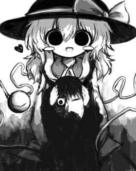 1girl decapitation greyscale hat hat_ribbon heart heart_of_string heripantomorrow holding_detached_head komeiji_koishi looking_at_viewer monochrome ribbon severed_head stitched_eye stitches third_eye touhou wide_sleeves