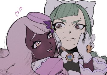 2girls apron bow bowtie brown_eyes dark-skinned_female dark_skin dress eye_contact fascinator frown glove_bow gloves green_hair hair_ornament hand_on_another&#039;s_cheek hand_on_another&#039;s_face hand_up heart highres jacinthe_(pokemon) juliet_sleeves lebanne_(pokemon) light_blush long_sleeves looking_at_another low_drills maid maid_apron maid_headdress master_and_servant mega_stone multiple_girls nervous_sweating nintendo open_mouth pokemon pokemon_legends:_z-a portrait puffy_sleeves purple_dress sawa_ra_pk smile sweat v-shaped_eyebrows very_dark_skin white_bow white_bowtie white_gloves yellow_bow yuri