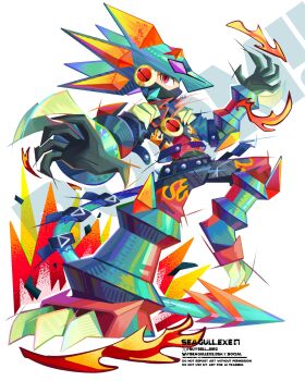 1boy alternate_costume belt bluesky_username bodysuit buysell_bird claw_(weapon) forehead_jewel full_body green_helmet gregar_(mega_man) helmet highres jacket leather leather_jacket leg_up male_focus mask mega_man_(series) mega_man_battle_network_(series) mega_man_battle_network_6 megaman.exe mouth_mask netnavi outstretched_arm red_eyes solo tail twitter_username vambraces watermark weapon