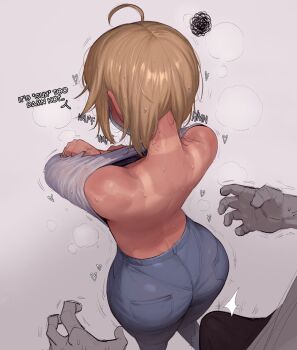 2boys ahoge ass back blonde_hair bulge curvy denim erection erection_under_clothes facing_away from_behind highres huge_ass imminent_penetration jeans joey_(krekkov) krekkov multiple_boys original outstretched_arms pants shirt trap undressing unworn_shirt wide_hips yaoi