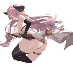 Rule 34 | 1girl, ass, backless outfit, black gloves, black thighhighs, blush, bottomless, breasts, butterfly hair ornament, commentary, eyes visible through hair, fingerless gloves, from behind, gloves, granblue fantasy, hair ornament, highres, holding, holding sword, holding weapon, horns, katana, large breasts, long hair, looking at viewer, looking back, narmaya (granblue fantasy), pink hair, pointy ears, purple eyes, purple hair, robe, scabbard, sheath, simple background, single thighhigh, solo, sword, symbol-only commentary, thick thighs, thigh strap, thighhighs, thighs, upper body, weapon, white background, wuzhu nis
