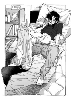 2girls absurdres barefoot blush cellphone clothes_lift commentary_request greyscale hand_on_another&#039;s_stomach hand_under_clothes hand_under_shirt heart highres holding holding_phone indoors long_hair mole mole_under_mouth monochrome multiple_girls on_bed one_eye_closed open_mouth original pants phone shirt shirt_lift smartphone spoken_heart sweat szm_hattori01 twitter_username yuri