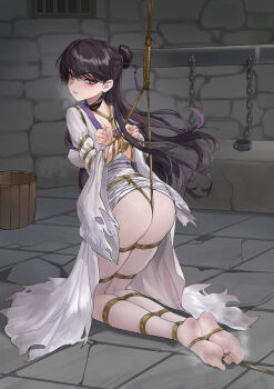 1girl 2025 absurdres alternate_costume arms_behind_back ass bang_dream! bang_dream!_it&#039;s_mygo!!!!! bdsm bondage bound bound_ankles bound_arms bound_toes bound_torso bound_wrists chinese_clothes chinese_hairpin chuck_(harfmoondark) clothes_lift crotch_rope cuffs dress dress_lift female_focus hair_ornament hanfu highres kneeling long_hair looking_back mole mole_under_eye no_shoes pantyhose prison purple_eyes restrained shackles shibari shibari_over_clothes shiina_taki skindentation smell soles solo steam stone_floor stone_wall suspension toes torn_clothes torn_dress variant_set white_hanfu white_pantyhose
