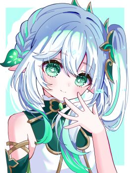 Rule 34 | 1girl, bare shoulders, blush, closed mouth, commentary request, cross-shaped pupils, detached sleeves, genshin impact, gold trim, green eyes, green hair, green sleeves, hair between eyes, hair ornament, hand up, highres, hitsuki (ruon), leaf hair ornament, long hair, looking at viewer, multicolored hair, nahida (genshin impact), pointy ears, sleeveless, smile, solo, symbol-shaped pupils, upper body, white hair