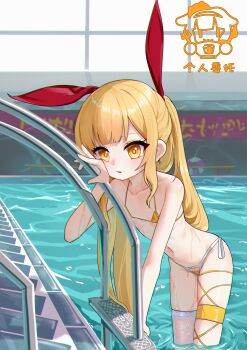 1girl absurdres arm_support bikini blonde_hair blunt_bangs breasts cheek_press closers collarbone hair_ornament highres leaning_forward light_blush loli long_hair looking_at_viewer lucy_(closers) marshal_(artist) micro_bikini navel parted_lips pool pool_ladder poolside ringed_eyes side-tie_bikini_bottom sidelocks single_thighhigh skindentation small_breasts solo standing string_bikini swimsuit thighhighs very_long_hair wading water wet white_thighhighs yellow_bikini yellow_eyes